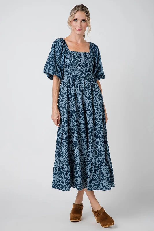 THML Smocked Puff Sleeve Printed Maxi Dress