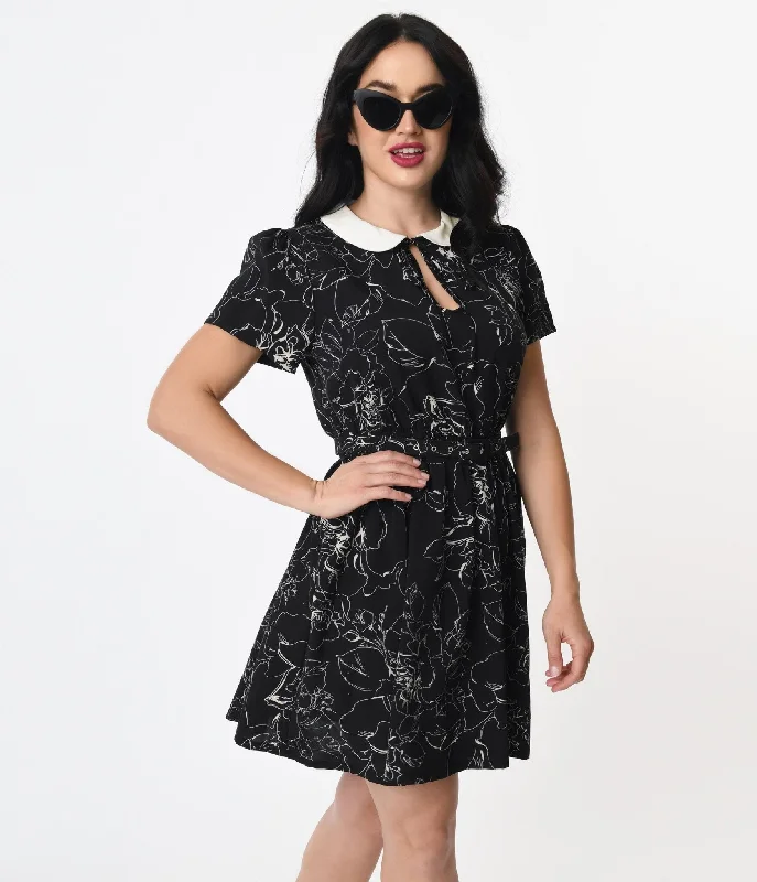 Unique Vintage Black & White Floral Abstract Print Isla Flare Dress