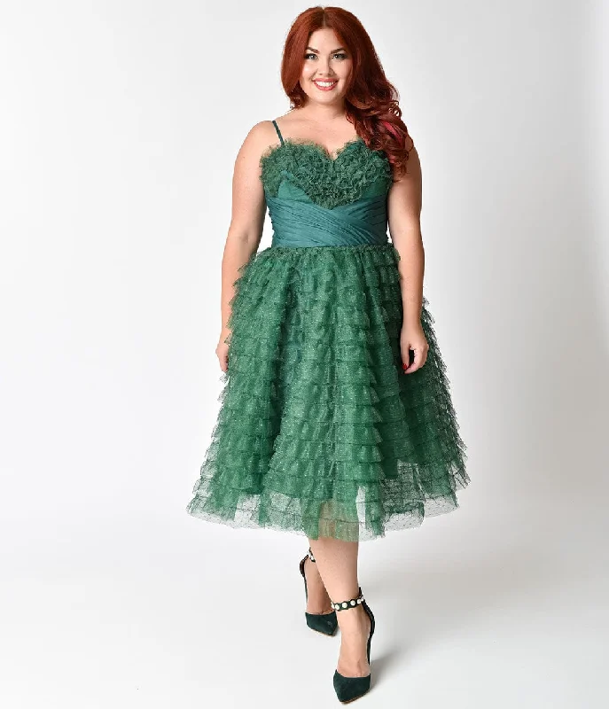 Unique Vintage Plus Size 1950s Emerald Green Ruffled Tulle Sweetheart Cupcake Swing Dress