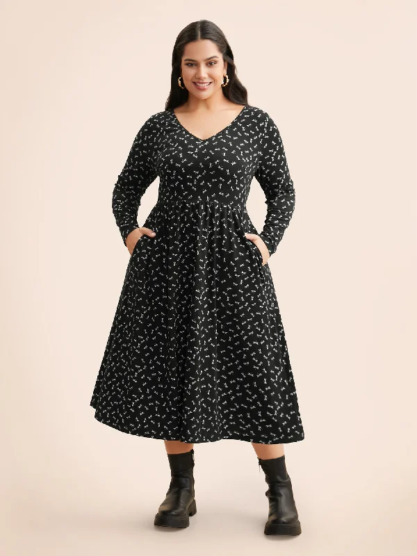 V Neck Dragonfly Pattern Midi Dress