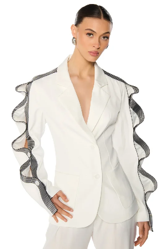 WAVY RIBBON PEEKABOO ARM BLAZER IN WHITE