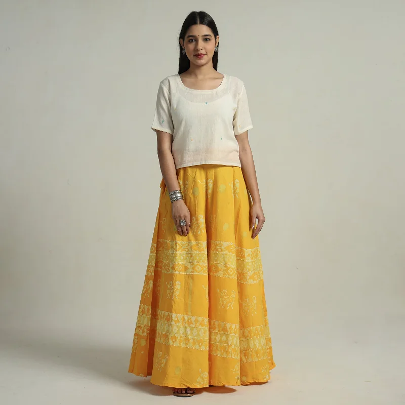 Yellow - Hand Batik Printed Running Stitch Cotton Long Skirt 67