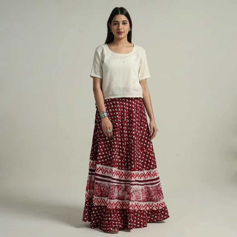 Maroon - Hand Batik Printed Running Stitch Cotton Long Skirt 90