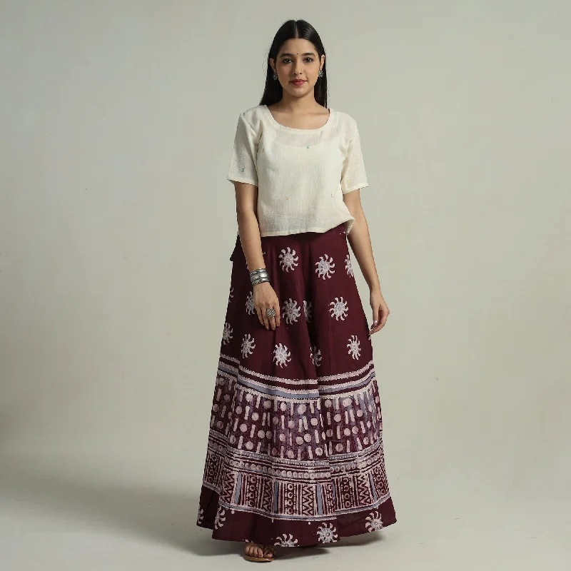 Maroon - Hand Batik Printed Running Stitch Cotton Long Skirt 62