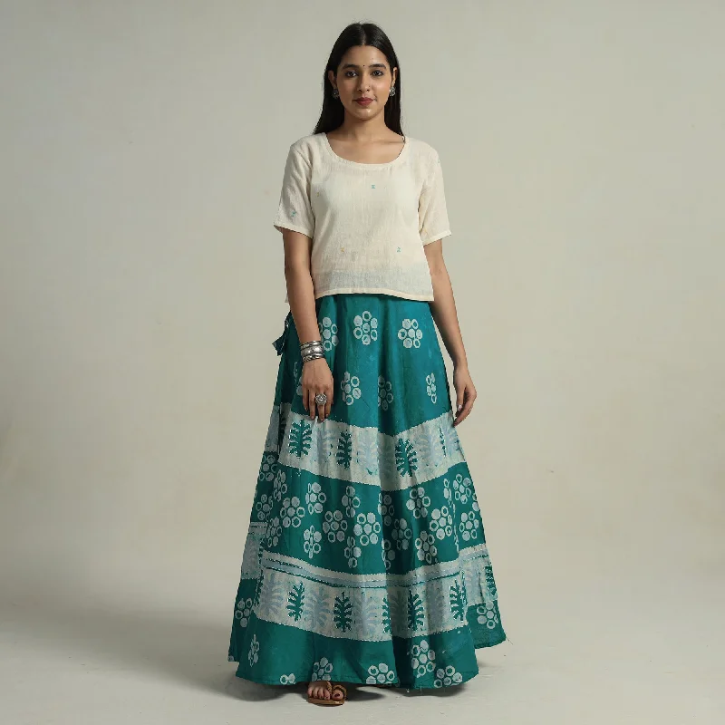 Green - Hand Batik Printed Running Stitch Cotton Long Skirt 57