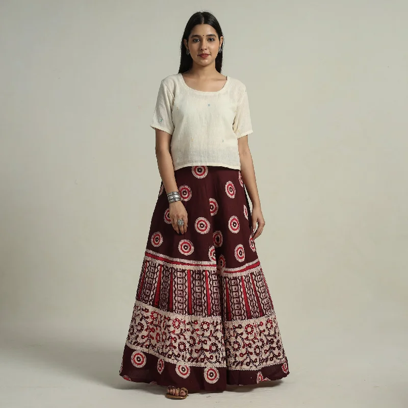 Maroon - Hand Batik Printed Running Stitch Cotton Long Skirt 55