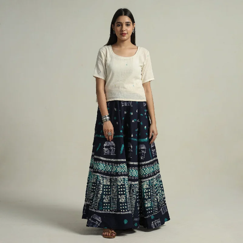 Blue - Hand Batik Printed Running Stitch Cotton Long Skirt 54