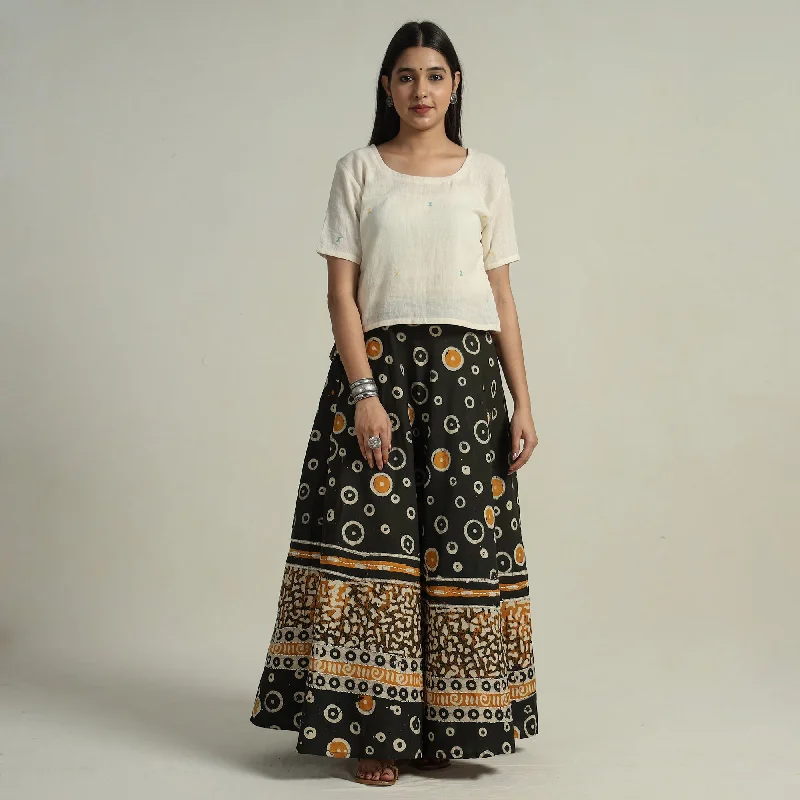 Black - Hand Batik Printed Running Stitch Cotton Long Skirt 36