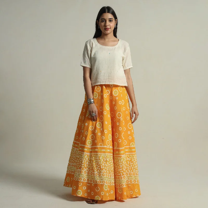 Yellow - Hand Batik Printed Running Stitch Cotton Long Skirt 35