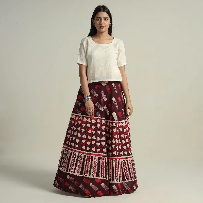 Maroon - Hand Batik Printed Running Stitch Cotton Long Skirt 26