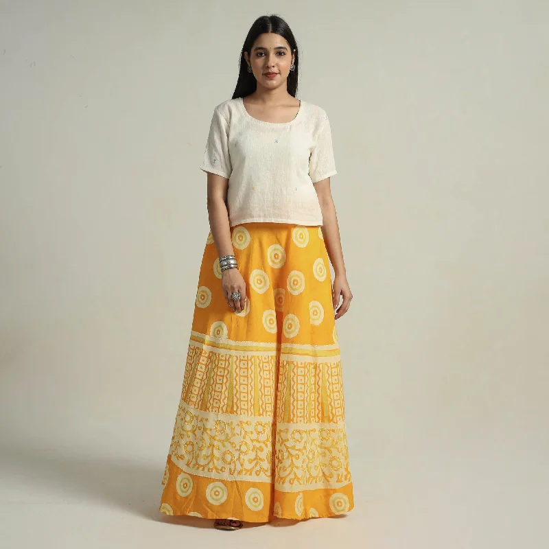 Yellow - Hand Batik Printed Running Stitch Cotton Long Skirt 29