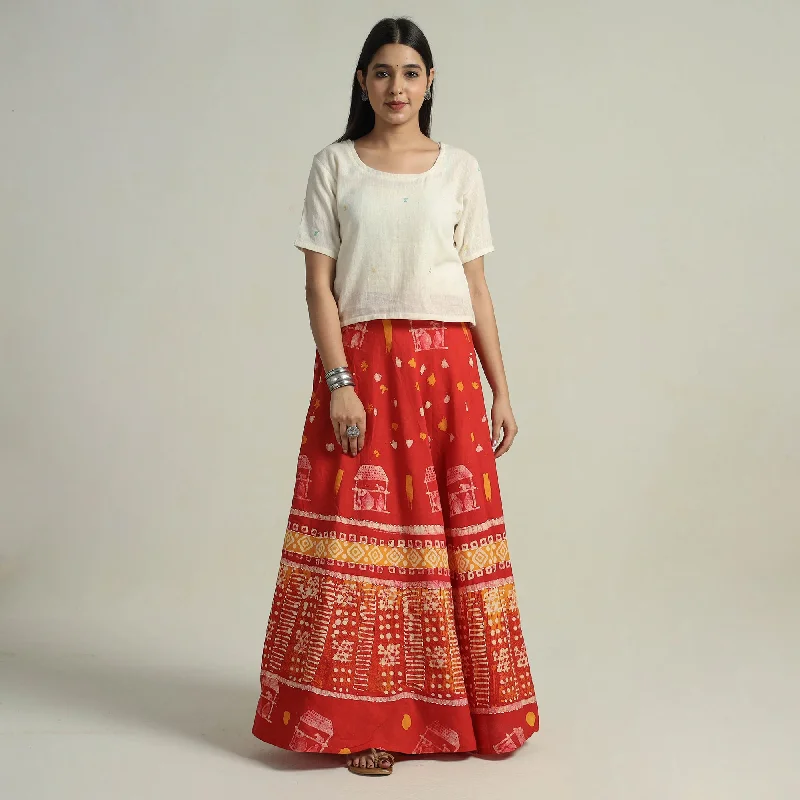 Red - Hand Batik Printed Running Stitch Cotton Long Skirt 30