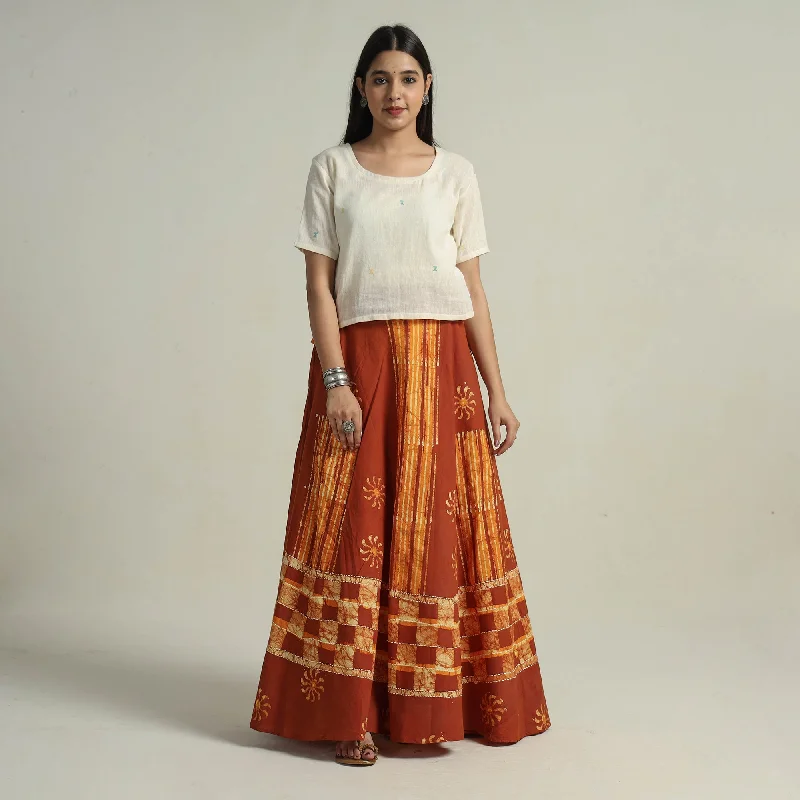 Brown - Hand Batik Printed Running Stitch Cotton Long Skirt 11