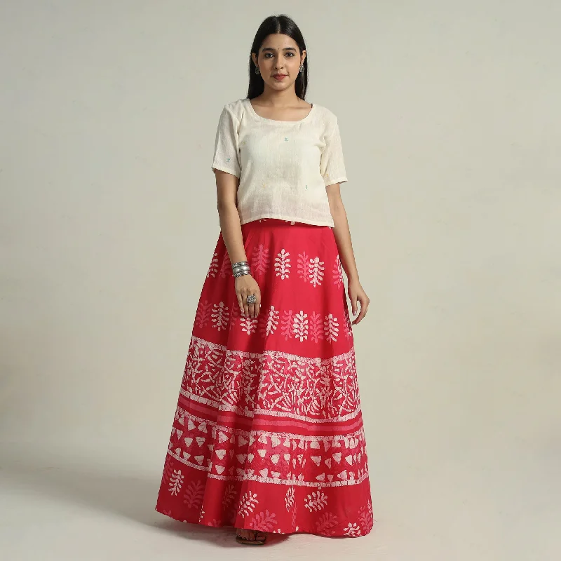 Pink - Hand Batik Printed Running Stitch Cotton Long Skirt 10