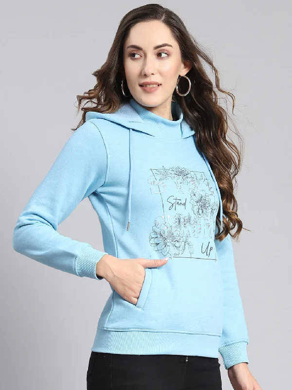 Women Blue Printed Hooded Full Sleeve Sweatshirts