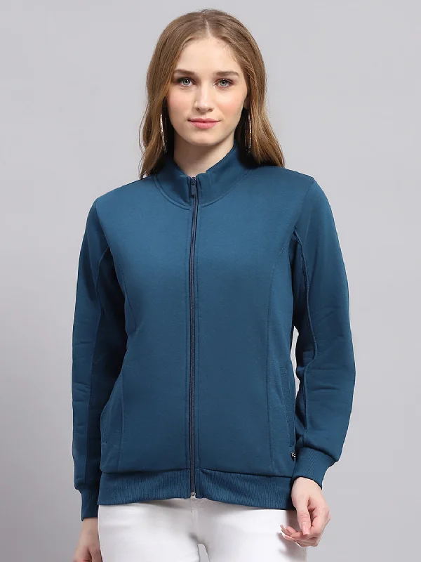 Women Blue Solid Mock Neck Full Sleeve Sweatshirt