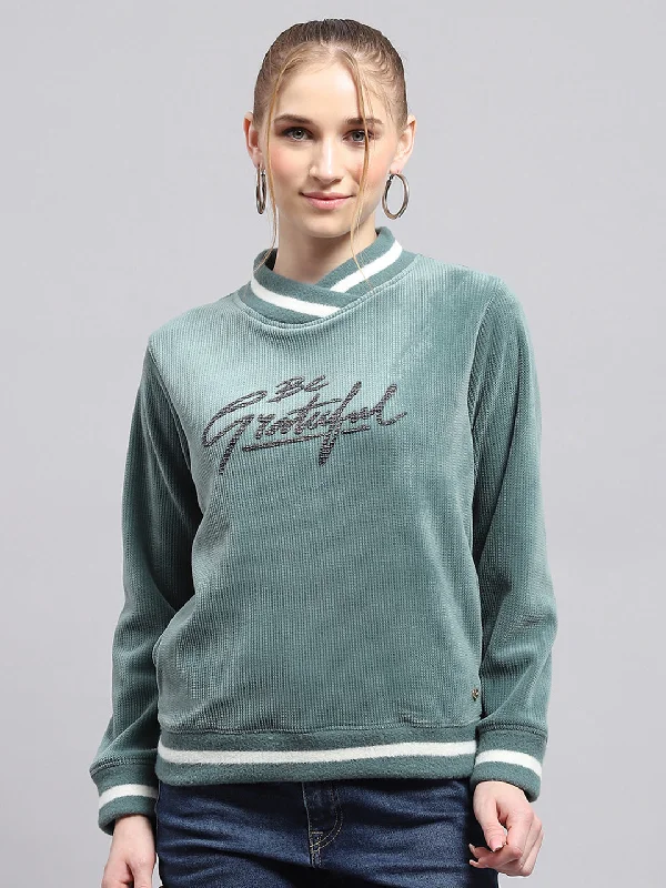 Women Green Printed High Neck Full Sleeve Sweatshirt