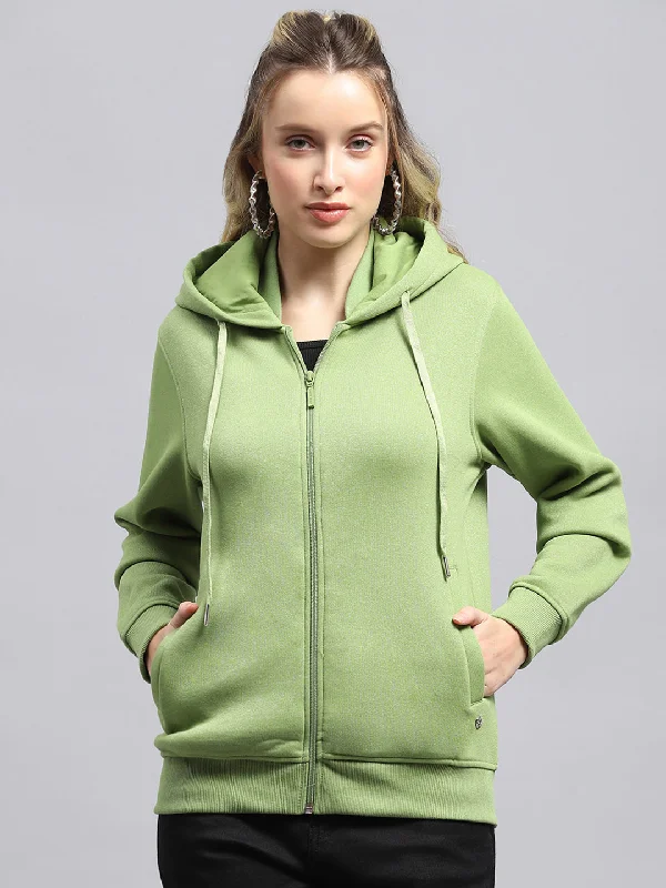 Women Green Solid Hooded Full Sleeve Sweatshirt