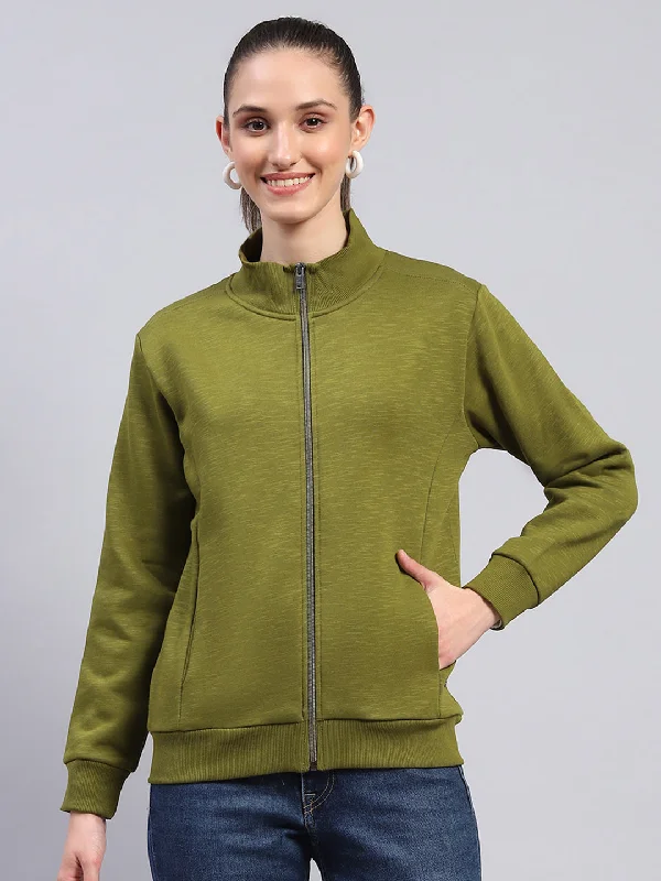 Women Green Solid Mock Neck Full Sleeve Sweatshirt