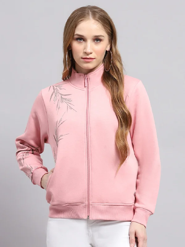 Women Pink Printed Mock Neck Full Sleeve Sweatshirt