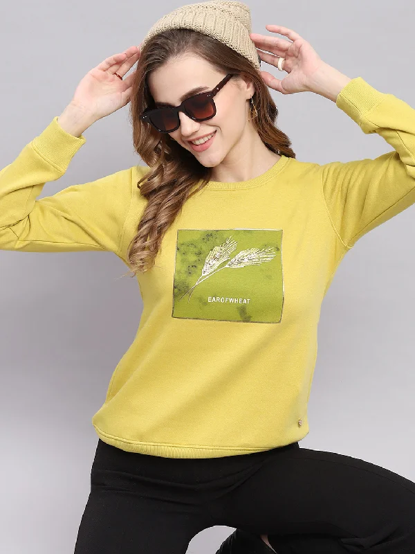 Women Yellow Printed Round Neck Full Sleeve Sweatshirts