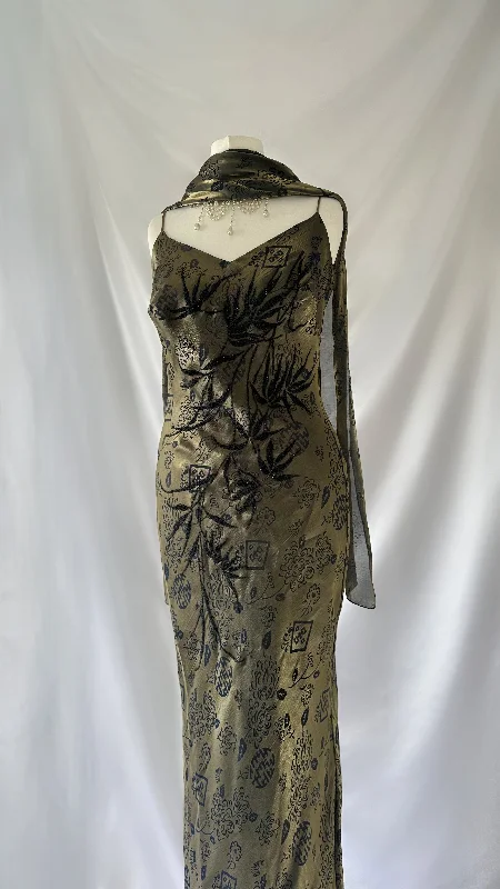 Beautiful Oriental Vintage Navy Blue Gold Iridescent Leaf Embellished Gown