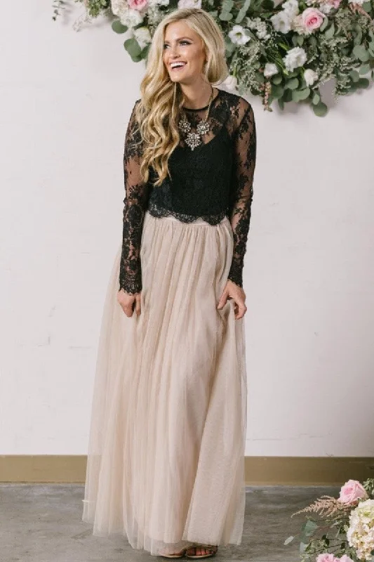 Black Lace Long-Sleeves Prom Gown with Tulle Skirt