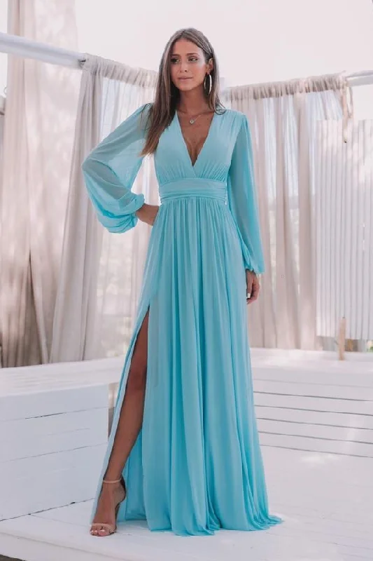 Blue Chiffon Evening Gown with Loose Long Sleeves