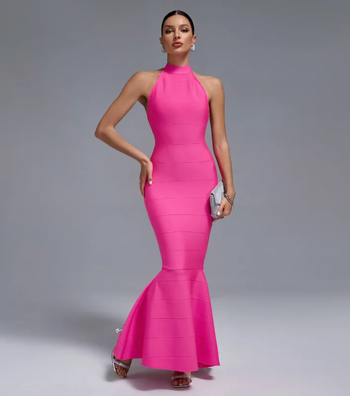 "Dilli" Figure Hugging Pink Halter Neck Evening Bandage Dress