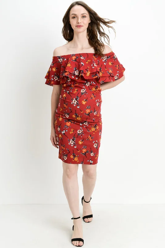 Double Ruffle Off Shoulder Maternity Dress, Stems