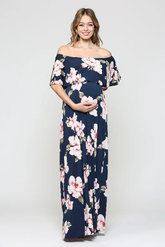 Floral Ruffle Off Shoulder Maternity Maxi Dress