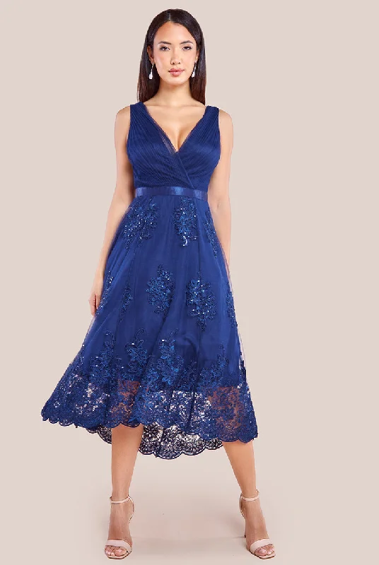 Goddiva Pleated Satin Bodice High And Low Dress - Navy