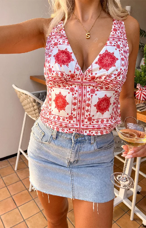 Ivory Petal Red Tile Print Top