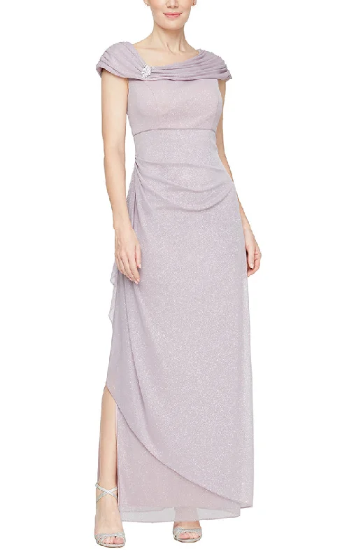 Long Glitter Mesh Sleeveless L-Neck Dress with Embellished Ruched Neckline and Cascade Detail Skirt