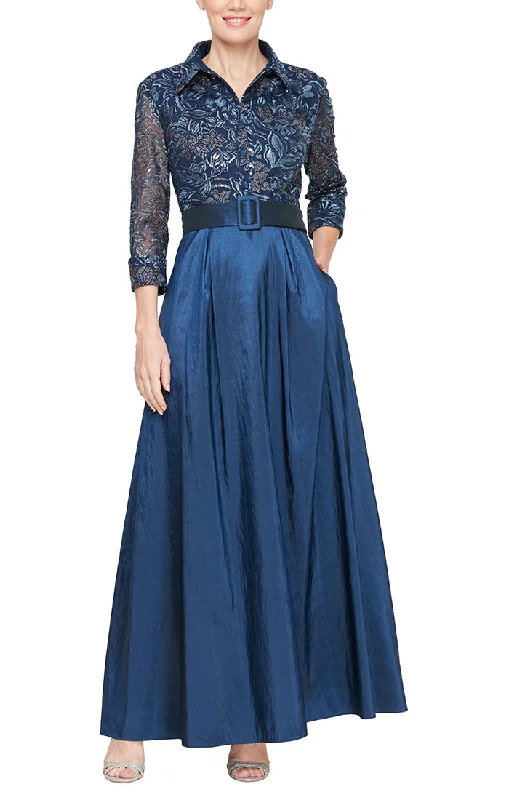 Long A-Line Stretch Tulle Dress with Embroidered Bodice, Illusion Sleeves and Structured Belt