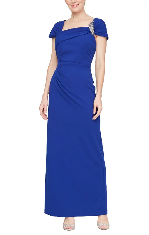 Long Cap Sleeve Crepe Dress With Embellished Asymmetric Neckline