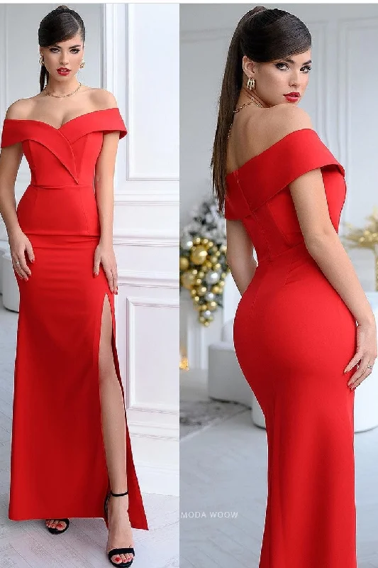 Long Red Evening Gown with Off-the-shoulder Neckline