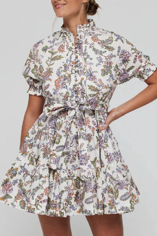 Louisa Short Sleeve Belted Tie Mini Tunic Dress in Ethnic Floral