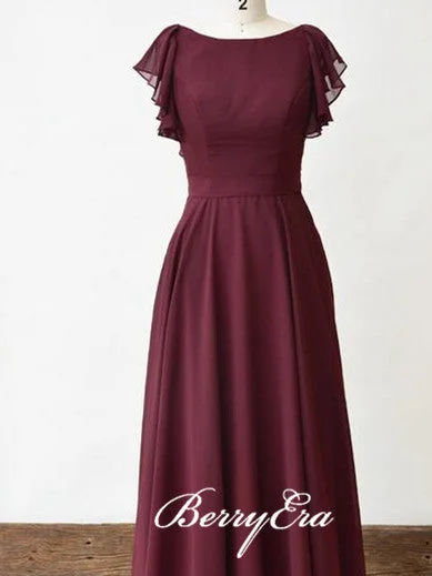 Lovely Cap Sleeve Maroon Chiffon A-line Long Bridesmaid Dresses