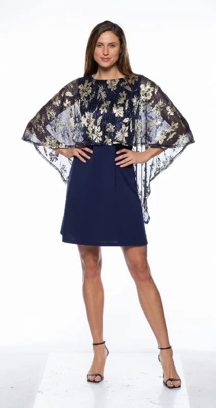 Marina  Short Metallic Print Cape Dress