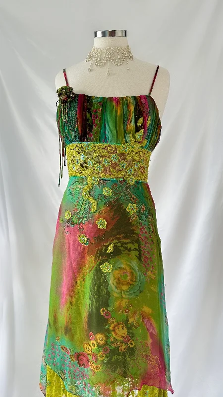 Whimsical Nature Fairy 90s Floral Green Silk & Lace Midi Dress