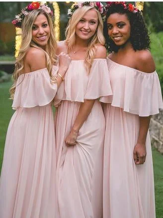 Off Shoulder A-line Blush Pink Chiffon Bridesmaid Dresses, Long Bridesmaid Dresses