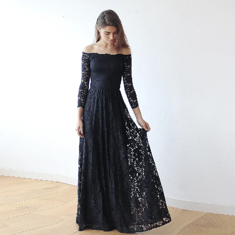 Off-The-Shoulder Black Floral Lace Long Sleeve Maxi Dress 1119