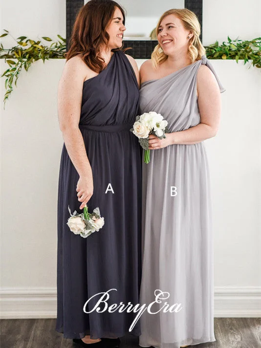 One Shoulder Grey Chiffon Long Bridesmaid Dresses