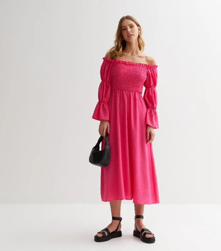 Pink Textured Shirred Top Smock Midi Dress