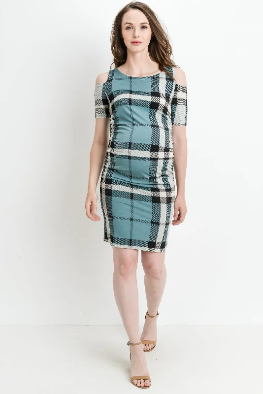 Plaid Cold Shoulder Maternity Dress