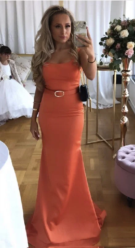 Prom Dresses Beautiful Orange Mermaid Bridesmaid Dresses Satin Floor Length Spaghetti Straps   cg19804