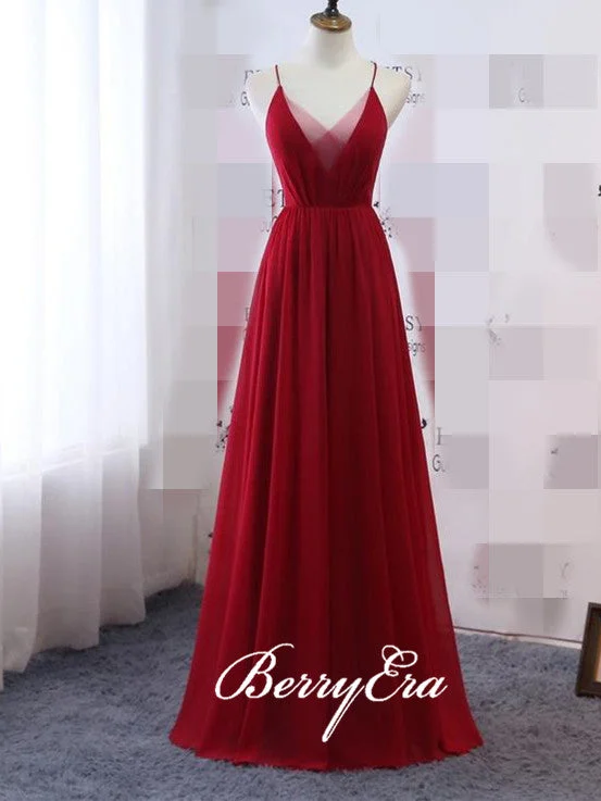 Red Chiffon Long A-line Bridesmaid Dresses, Popular Bridesmaid Dresses