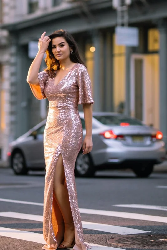 Rose Gold Sequin Evening Dresses with Sleeves