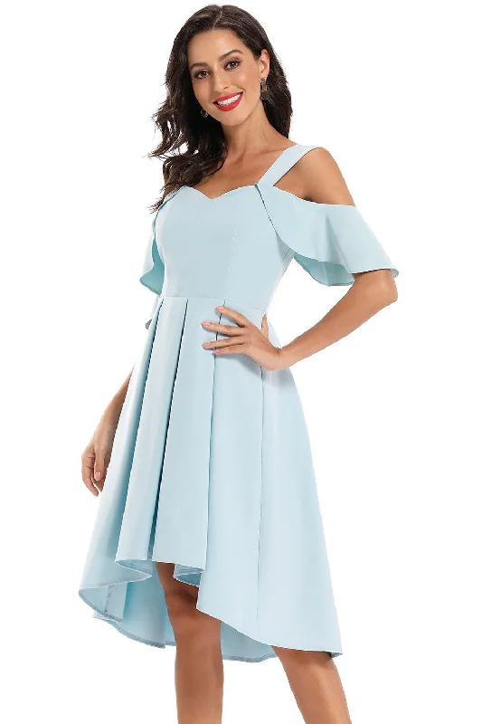 Sky-blue Hi-low Homecoming Dress with Flounced Off-the-shoulder